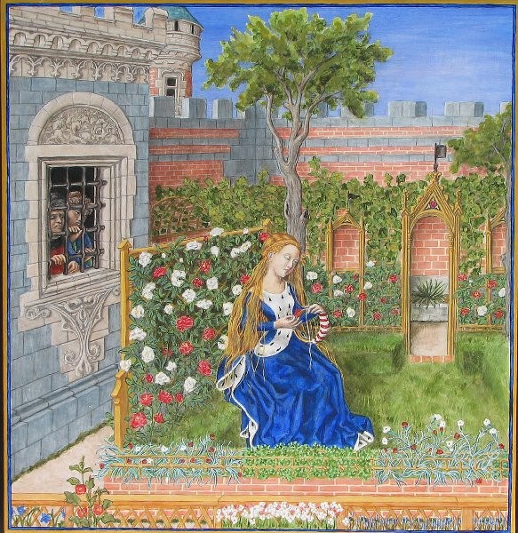 Emilie en son jardin, Boccace, Théséide, Bathélémy d'Eyck, vers 1465, Vienne, bibliothèque nationale, ms. 2617 f°53